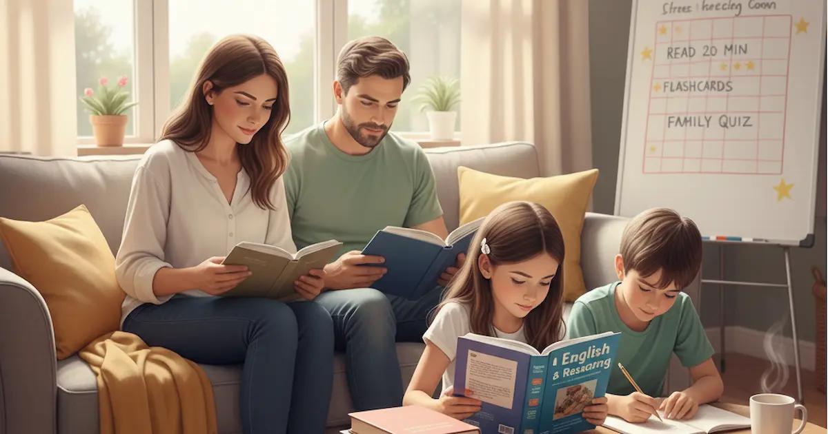 Family reading together with books and comfortable setting